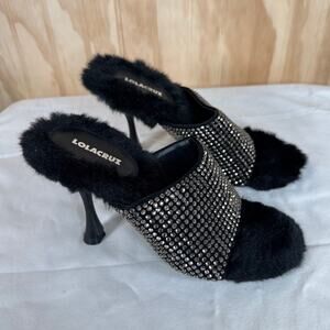 Lola Cruz Heel Sandals Faux Fur & Faux Diamonds size 7-7.5/37